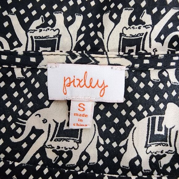 Pixley Womens Top Blouse Size Small Elephant Print 3/4 Roll Tab Sleeve Black Tan - Picture 8 of 10